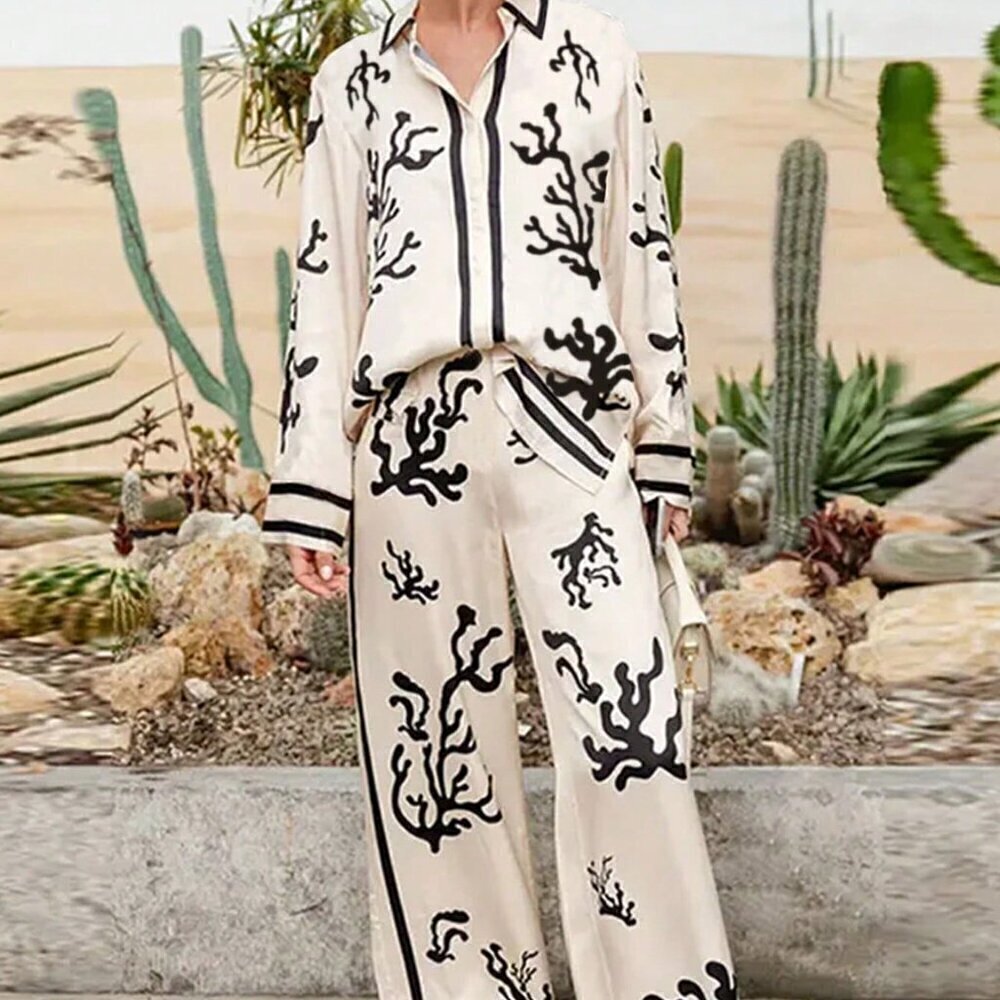 Apricot Casual Women's S Set Front Button Long Sleeve Printed Top And Pants